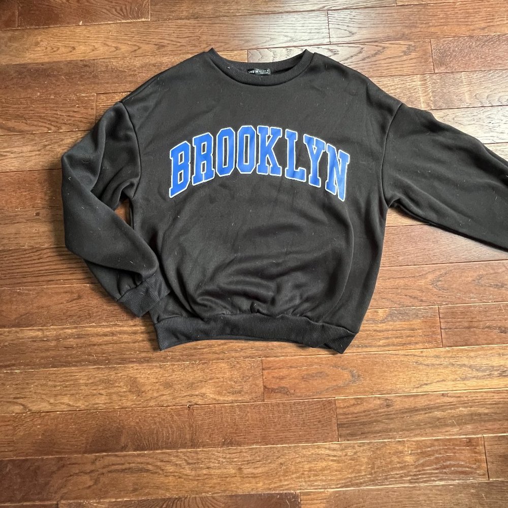 SHEIN Long Sleeve Crew Neck Sweatshirt BROOKLYN Medium Women's Black Blue